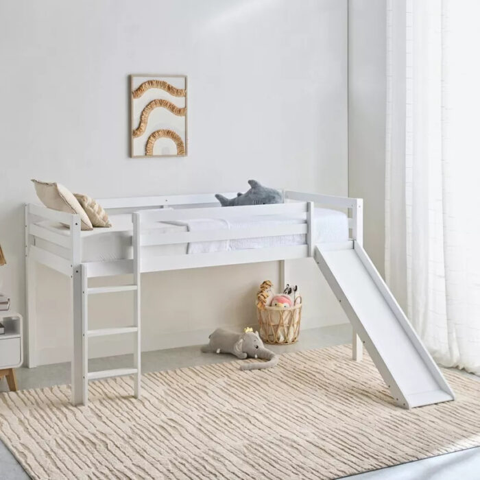 Children's Loft Bed with Slide, White, 90 x 200 cm, Wooden Frame with Ladder - Image 1