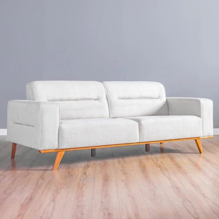 Modern 3-Seater Fabric Sofa, Length, Light with Wooden Legs - Image 1