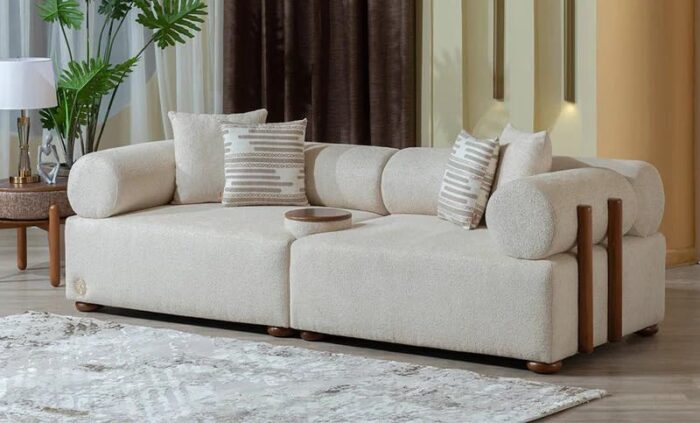 Modern 3-Seater Sofa with Wooden Accents, Wide, Boucle Fabric - Image 1