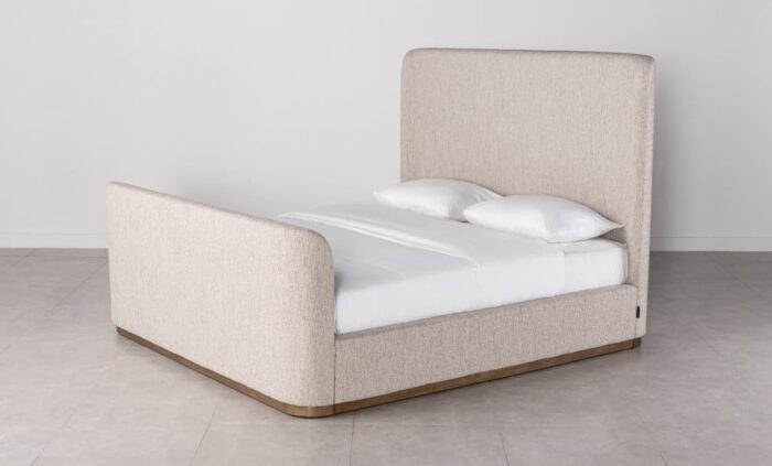 Modern Upholste Platform Bed Frame, Fabric, Curved Design with Wooden Base - Image 1