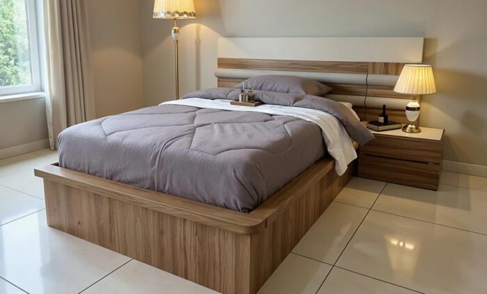 Modern Platform Bed Frame with Nightstand, Walnut Wood Finish - Image 1