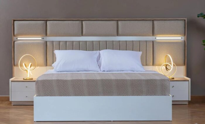 Modern Bed Set with LED Headboard, 2 Nightstands, Upholste Panel, Base - Image 1