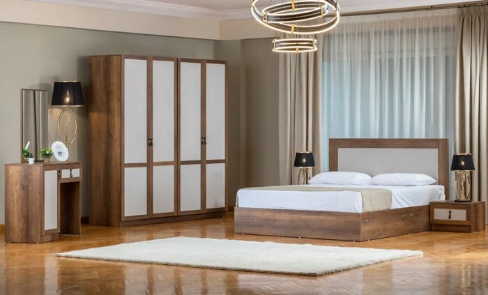 Modern 5-Piece Bedroom Set, Queen Size, Wardrobe with Panels, Bed Frame with Upholste Headboard, Dressing Table, Walnut - Image 1
