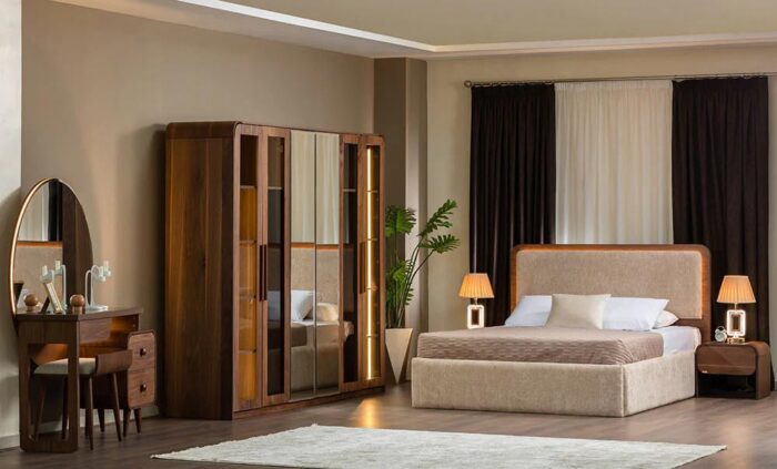 Modern 6-Piece Bedroom Furniture Set, Walnut Veneer, Bed, Wardrobe, Dressing Table with Mirror - Image 1