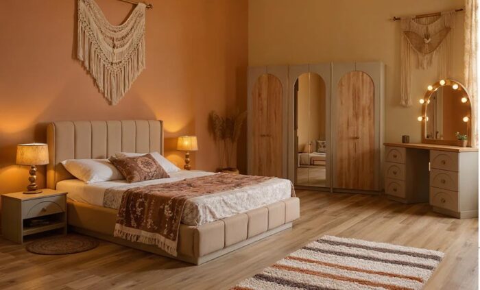 Modern 6-Piece Bedroom Set with LED Bed, Wardrobe, Nightstands, Dressing Table - Image 1