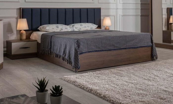 Modern Bedroom Set, Bed with 2 Nightstands, Dark Wood Finish - Image 1
