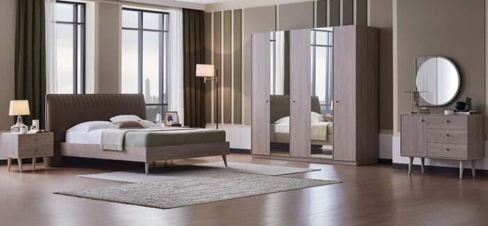 Modern 5-Piece Bedroom Set, 5-Door Wardrobe, Bed, Dresser with Mirror, Nightstand - Image 1